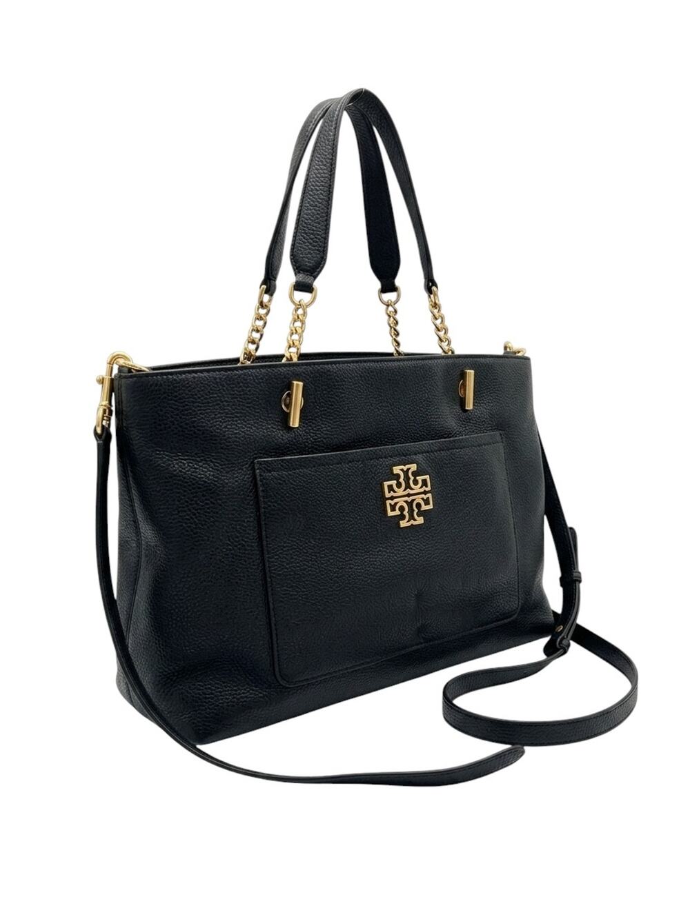 Tory Burch Robinson Pebbled Leather Tote Medium Black Gold Hardware